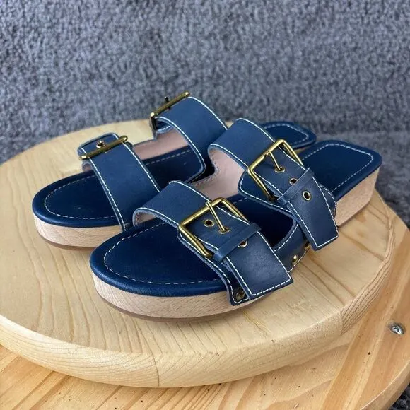 J Crew Leather Wood Sole Sandals Womens 8.5 Blue Shoes Double Strap Clogs