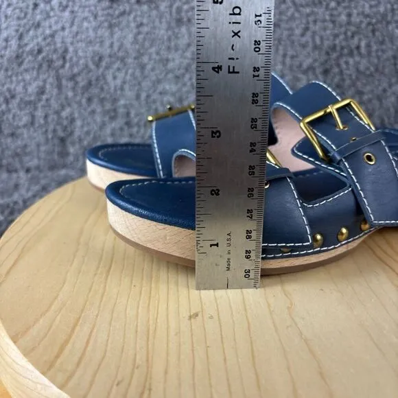 J Crew Leather Wood Sole Sandals Womens 8.5 Blue Shoes Double Strap Clogs