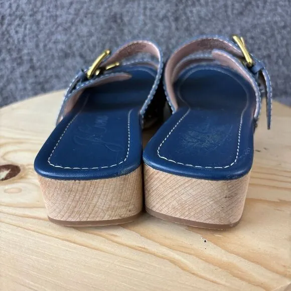 J Crew Leather Wood Sole Sandals Womens 8.5 Blue Shoes Double Strap Clogs