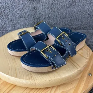 J Crew Leather Wood Sole Sandals Womens 8.5 Blue Shoes Double Strap Clogs