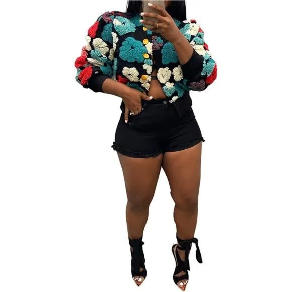Jacket Women Button Down Long Puff Sleeve Flower Black 03