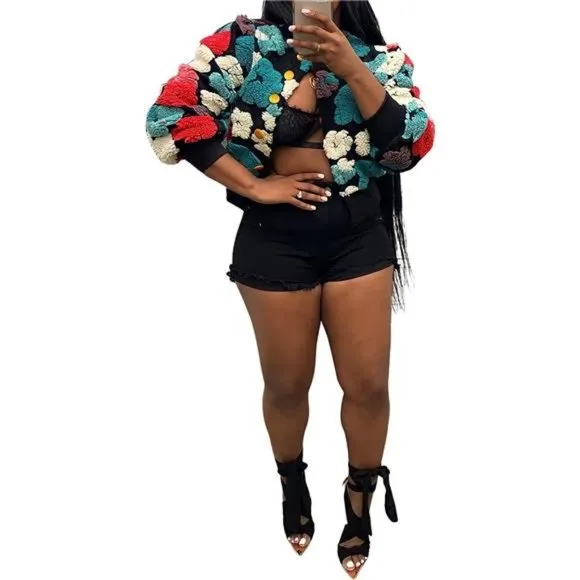 Jacket Women Button Down Long Puff Sleeve Flower Black 03