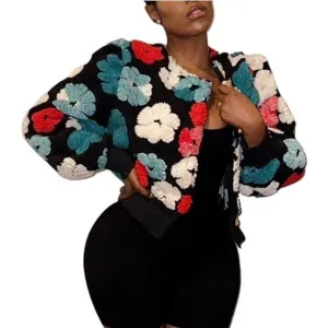 Jacket Women Button Down Long Puff Sleeve Flower Black 03