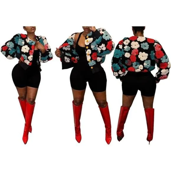 Jacket Women Button Down Long Puff Sleeve Flower Black 03