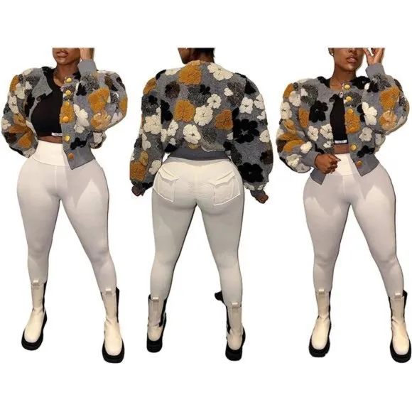 Jacket Women Button Down Long Puff Sleeve Flower Grey 01