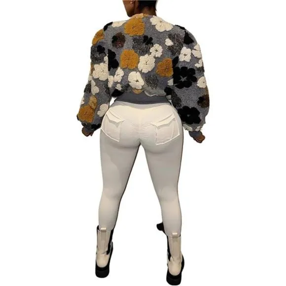 Jacket Women Button Down Long Puff Sleeve Flower Grey 01