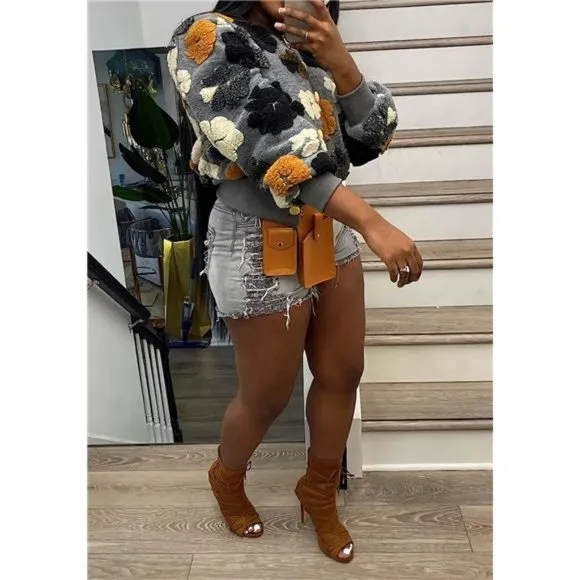 Jacket Women Button Down Long Puff Sleeve Flower Grey 01