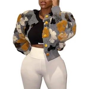 Jacket Women Button Down Long Puff Sleeve Flower Grey 01