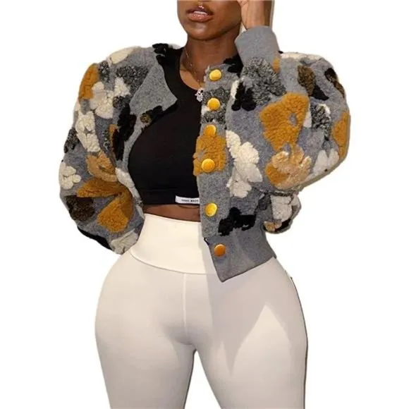Jacket Women Button Down Long Puff Sleeve Flower Grey 01