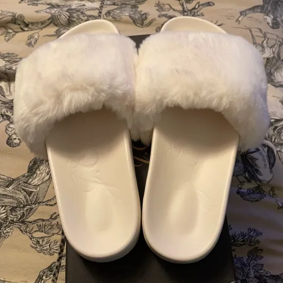 J.Crew Pacific faux fur fluffy-strap slides shoes in ivory white BA189