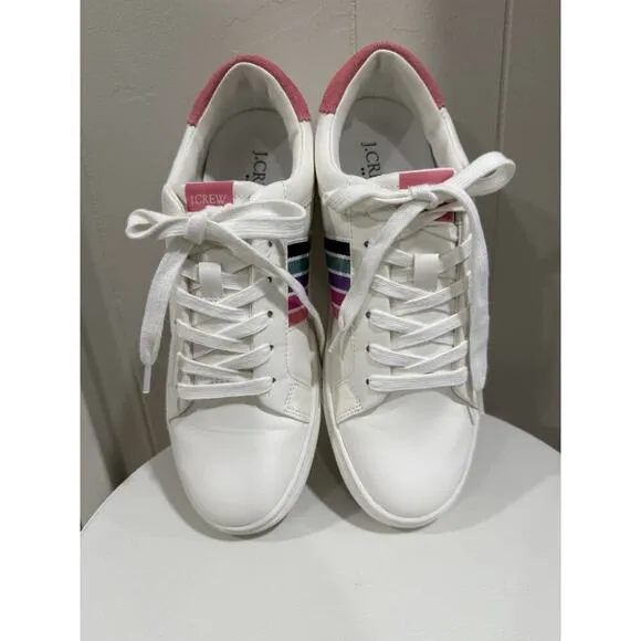 J.Crew Size 8 White Leather Rainbow Stripe Sneakers – NWOT Women’s Casual Shoes
