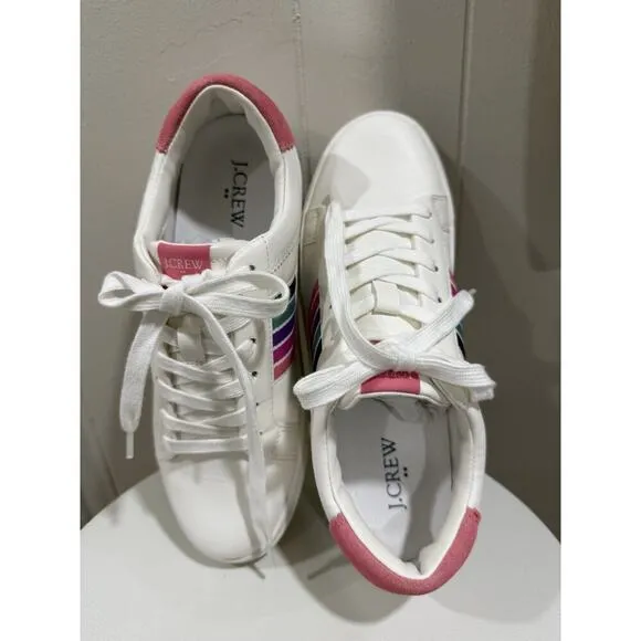 J.Crew Size 8 White Leather Rainbow Stripe Sneakers – NWOT Women’s Casual Shoes