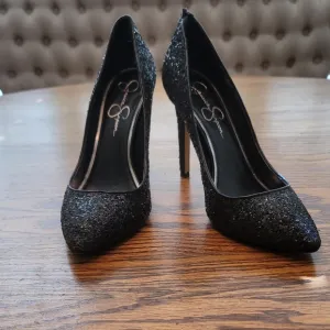 Jessica Simpson Black Sparkle Sequin Beaded Pointed Toe Heels Shoes Size 8.5