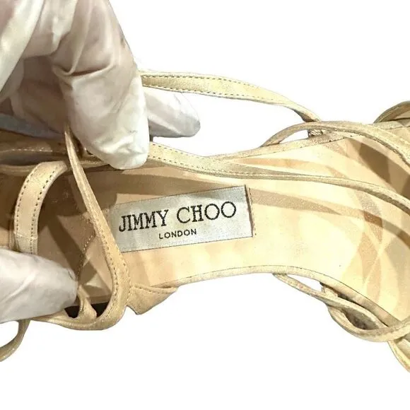 JIMMY CHOO Gold Strappy High Heel Sandals Open Toe Shoes Size 37.5 (6.5 US)