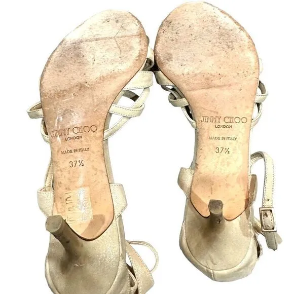 JIMMY CHOO Gold Strappy High Heel Sandals Open Toe Shoes Size 37.5 (6.5 US)