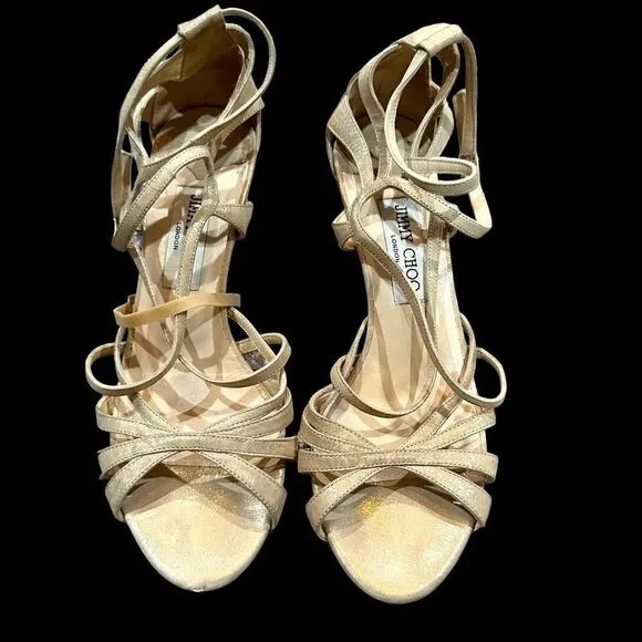 JIMMY CHOO Gold Strappy High Heel Sandals Open Toe Shoes Size 37.5 (6.5 US)