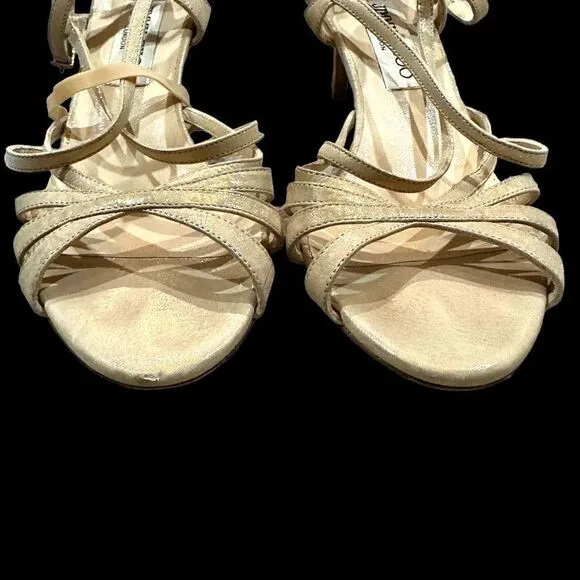 JIMMY CHOO Gold Strappy High Heel Sandals Open Toe Shoes Size 37.5 (6.5 US)