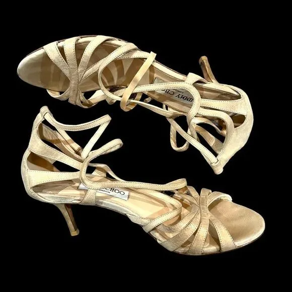 JIMMY CHOO Gold Strappy High Heel Sandals Open Toe Shoes Size 37.5 (6.5 US)