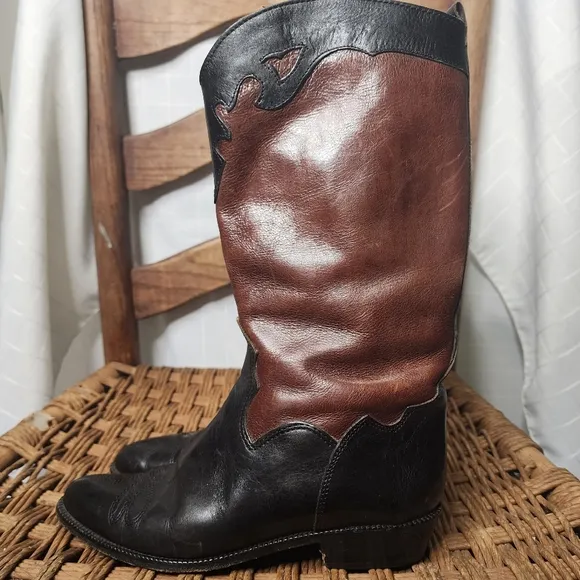 Joan &amp; David Vintage Black Brown Womens Western Leather Boots 5.5