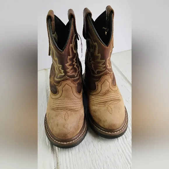 John Deere Kids Western Boots Sz 8.5 Beige Leather Farm Unisex H-4