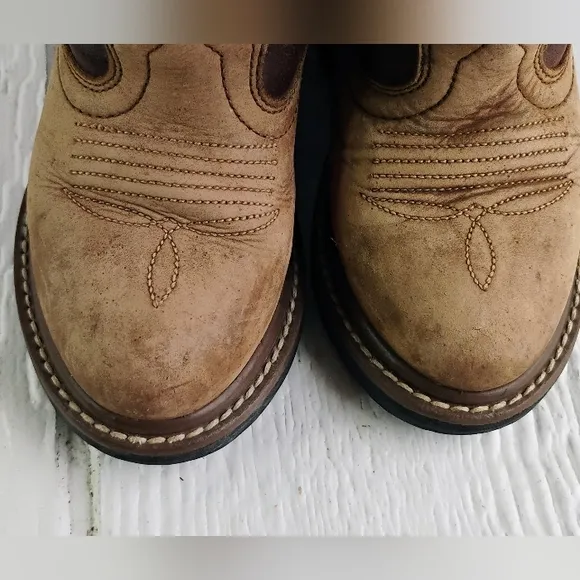 John Deere Kids Western Boots Sz 8.5 Beige Leather Farm Unisex H-4