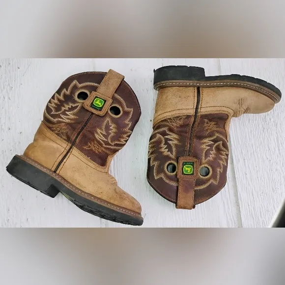 John Deere Kids Western Boots Sz 8.5 Beige Leather Farm Unisex H-4