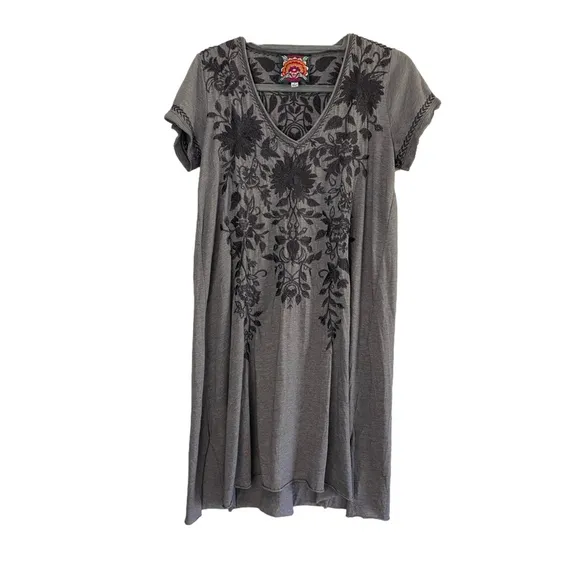 JOHNNY WAS Simona Draped Above Knee Mini Dress in Grey and Black Women’s Sz Sm