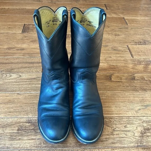 Justin Boots 3133 Jackson 10&quot; Roper Boot Cowboy Western Black Leather Size 9