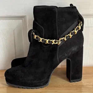 KARL LAGERFELD PARIS Lark Black Suede Gold Chain Chunky Heel Lug Boot size  8
