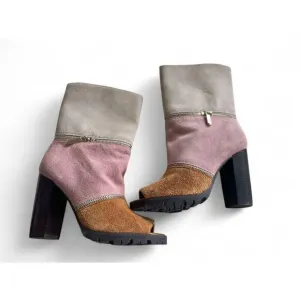 Katy Perry Women’s Evelyn Almond Suede Peep Mid- Calf Boot Sz 6.5 Good Condition