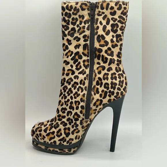 KELSI DAGGER Carlotta Leopard Print 5”/1” Platform Leather Calf Hair Boots 6.5M