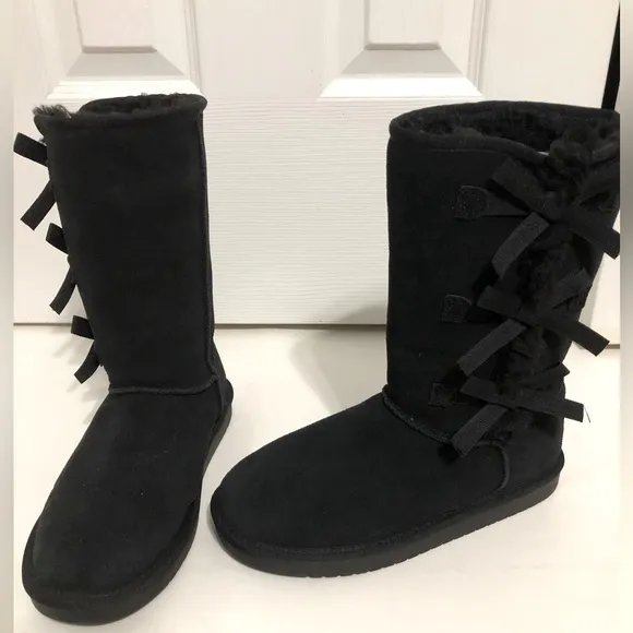 Koolaburra Ugg Black Victoria tall boots girls‎ size 4 bows suede style 1020171