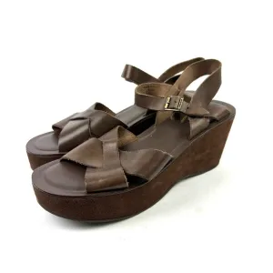 Kork Ease Ava Wedge 11 Brown Leather Suede Heel Strappy Shoes Womens Sandals