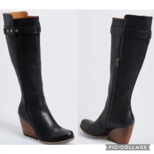 Kork-Ease Shawna Knee High Black Pebble Leather Wedge Boots Size 7.5