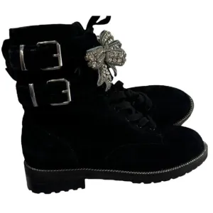Kurt Geiger Sutton Bow Rhinestone Embellished Suede Combat Boot Black