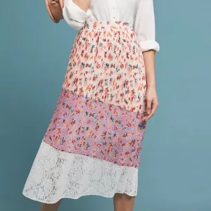 Laia Pleated Floral Midi Skirt Anthropologie M Cottagecore Tradwife Softgirl