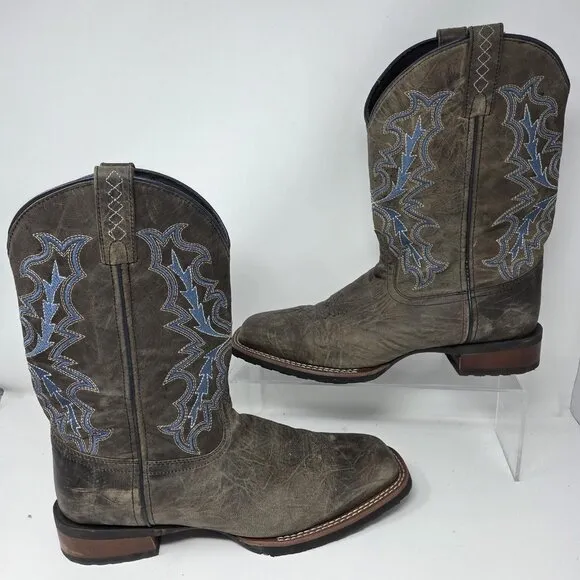 Laredo Men's 12 Winfield Charcoal &amp; Blue Square Toe Leather Cowboy Boots 7949