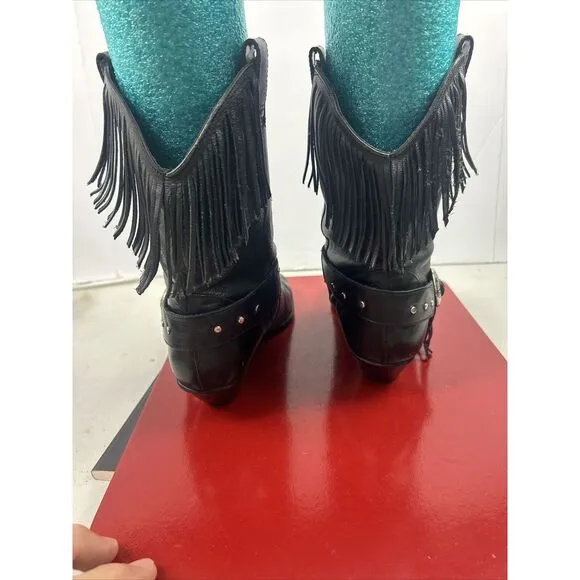 Leather Black Fringe Cowgirl Boots 6.5 Conches Brazil Festival Coachella Western
