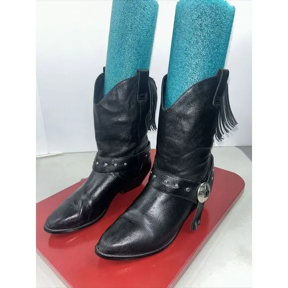 Leather Black Fringe Cowgirl Boots 6.5 Conches Brazil Festival Coachella Western