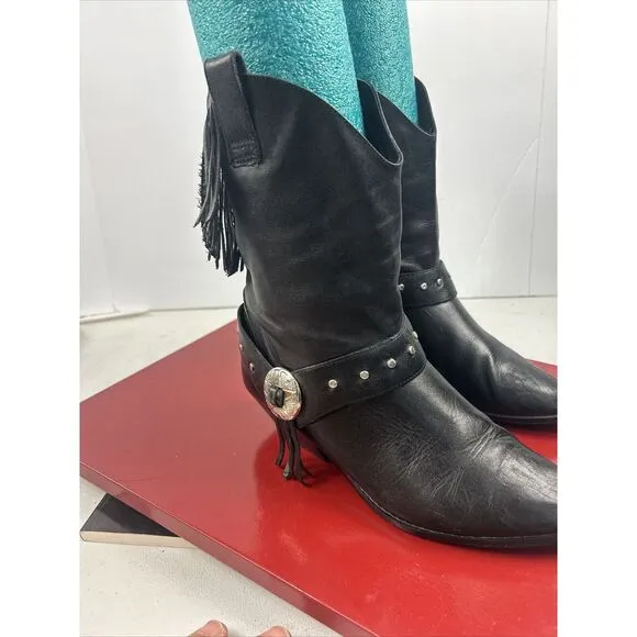Leather Black Fringe Cowgirl Boots 6.5 Conches Brazil Festival Coachella Western