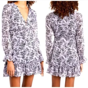 LIKELY Revolve Amber Dress Loe Vneck Ruffle Violet Black Long Sleeve Dress Sz 4