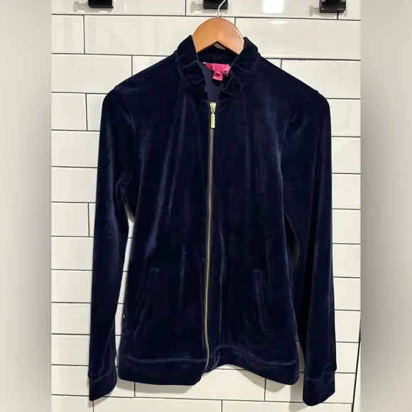 Lilly Pulitzer Jayla navy velour ruffle neck Jacket M
