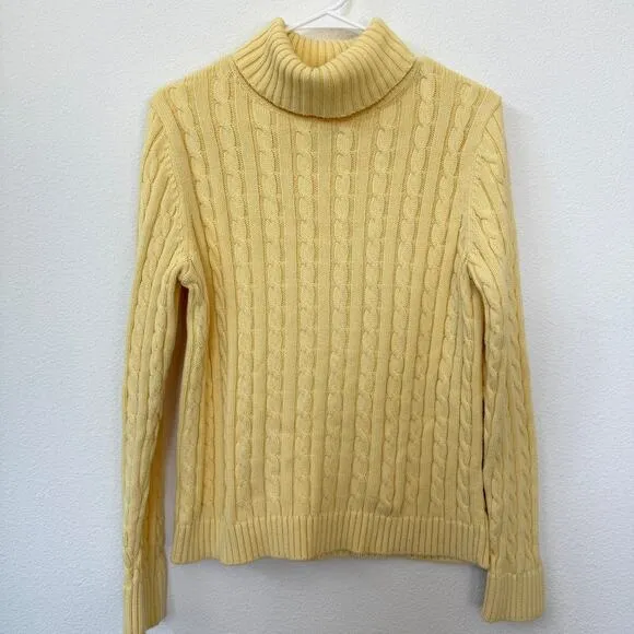 LL Bean Fishmerman Cable Knit Sweater Yellow Cotton Vintage MREG Coastal Prep
