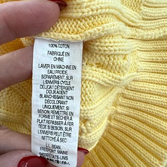 LL Bean Fishmerman Cable Knit Sweater Yellow Cotton Vintage MREG Coastal Prep