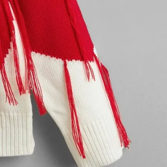 Love One Another Heart Pattern Fringe Trim Sweater