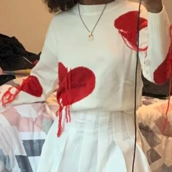 Love One Another Heart Pattern Fringe Trim Sweater