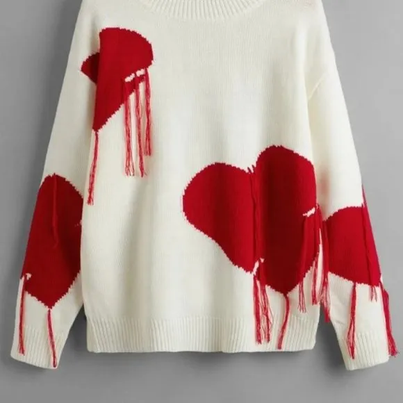 Love One Another Heart Pattern Fringe Trim Sweater