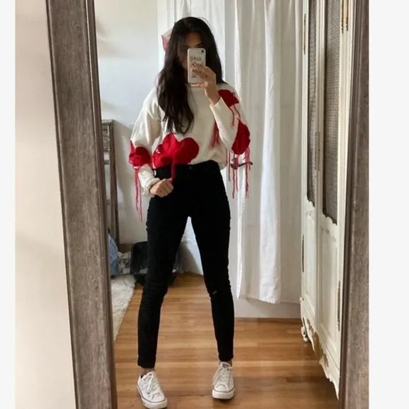 Love One Another Heart Pattern Fringe Trim Sweater