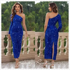 Lovely Rosetta Blue Sequin One-Shoulder Dress