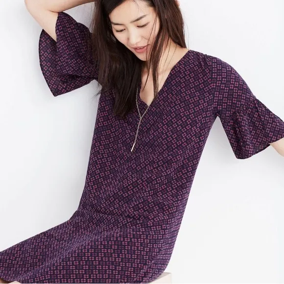 Madewell 100% Silk Floral Painted Clover Ruffle Bell Sleeve Dress